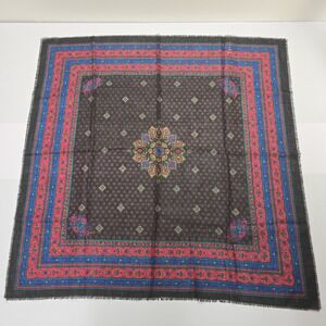 Vintage Challis by Berkshire Square Scarf Black Red Blue Medallion Made in Japan